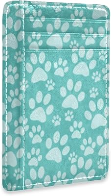Seamless Teal Doggy Paws on Turquoise Slim Minimalist Wallet, Front Pocket RFID Leather Blocking Card Holder Case for Men Women Girls Ladies, Stylish Printing Gift
