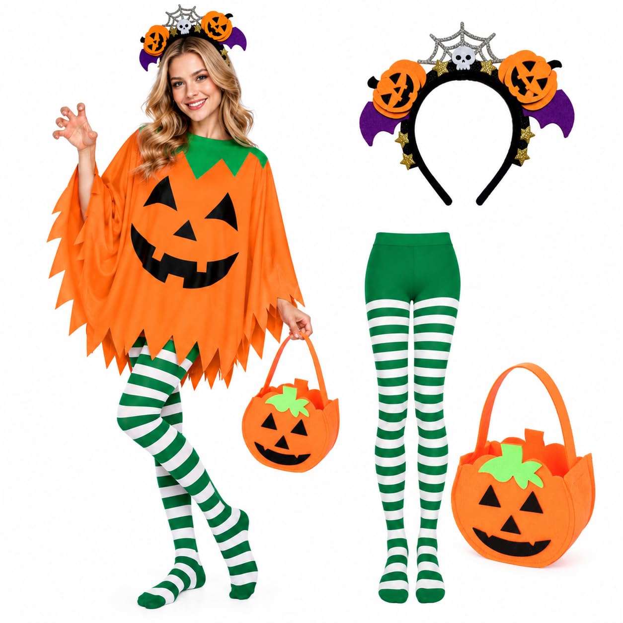 4-Piece Ghost Costume Women, Womens Ghost Halloween Costume Adult, Ladies Ghost Costume with Ghost Poncho and Headband, Halloween Costumes Adult Women Ghost, Sheet Costume Adult Set