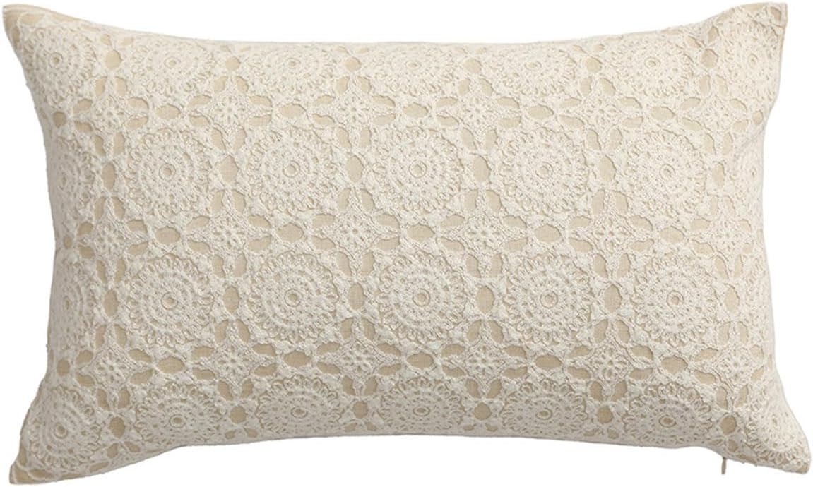 MOCOFO White Cotton Embroidery Throw Pillow Cover, White, 12 x 20 ''