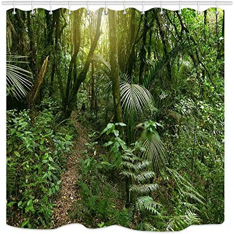 JOOCAR Design Shower Curtain, Tropical Rainforest Lush Green Foliage in Jungle, Waterproof Cloth Fabric Bathroom Decor Set with Hooks