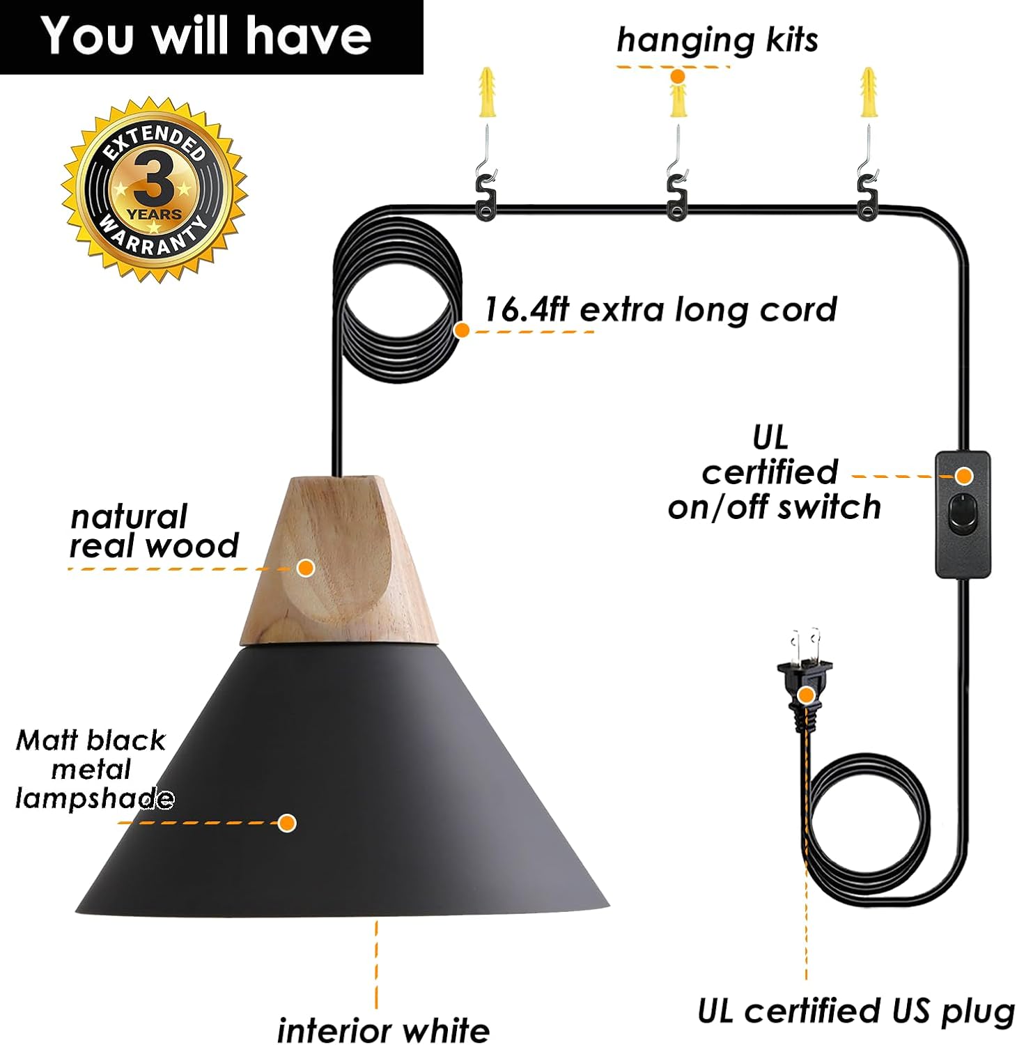 Modern Plug in Pendant Light,Haning Light with 16.4ft Cord, On/Off Switch,Hanging Light with Plug in,Solid Wood,Matte Black