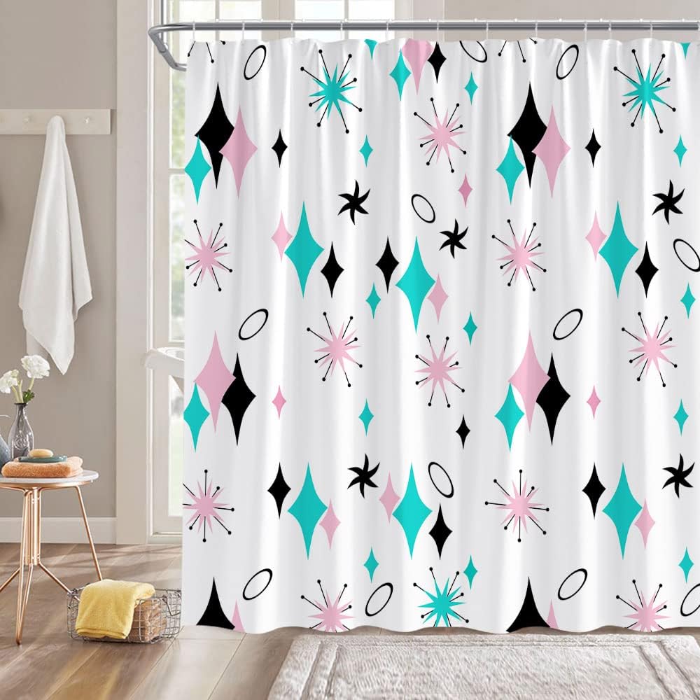 GCTNBJL Mid Century Shower Curtain ​Atomic Retro Starbursts Teal Blush Black Diamond Stars Modern ​Abstract Geometric 1950s 1960s Vintage Bathroom Decor Fabric Curtain with Hooks