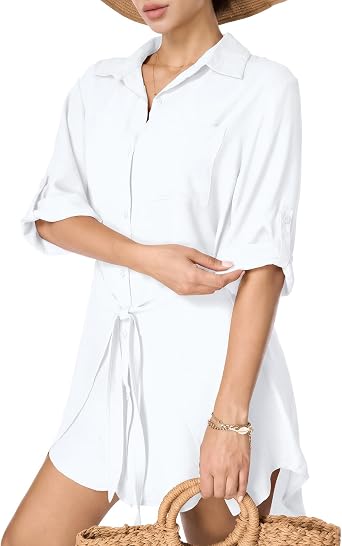Womens Modern Bathing Suit Swimsuit Blouse Button Down Shirt Beach Dress Cover up