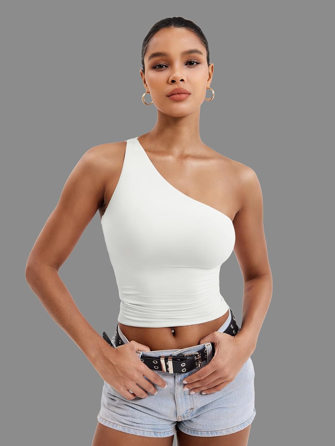 YEOREO Womens One Shoulder Tops Sleeveless Going Out Tank Top Fanciy Double Lined Cropped Tee Y2K Summer Shirts Slim Fit - Image 2