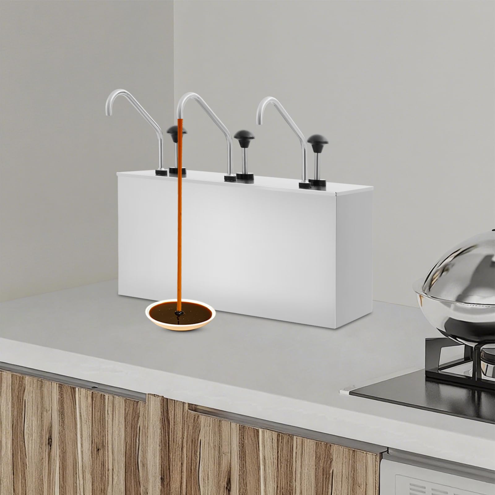 Professioneller Edelstahl Soßenspender 3er Set mit Pumpensystem 12 Liter Gesamtvolumen für Küche Gastronomie Restaurant Cafeteria Ketchup Mayo Essig Soße hygienisch leicht zu reinigen