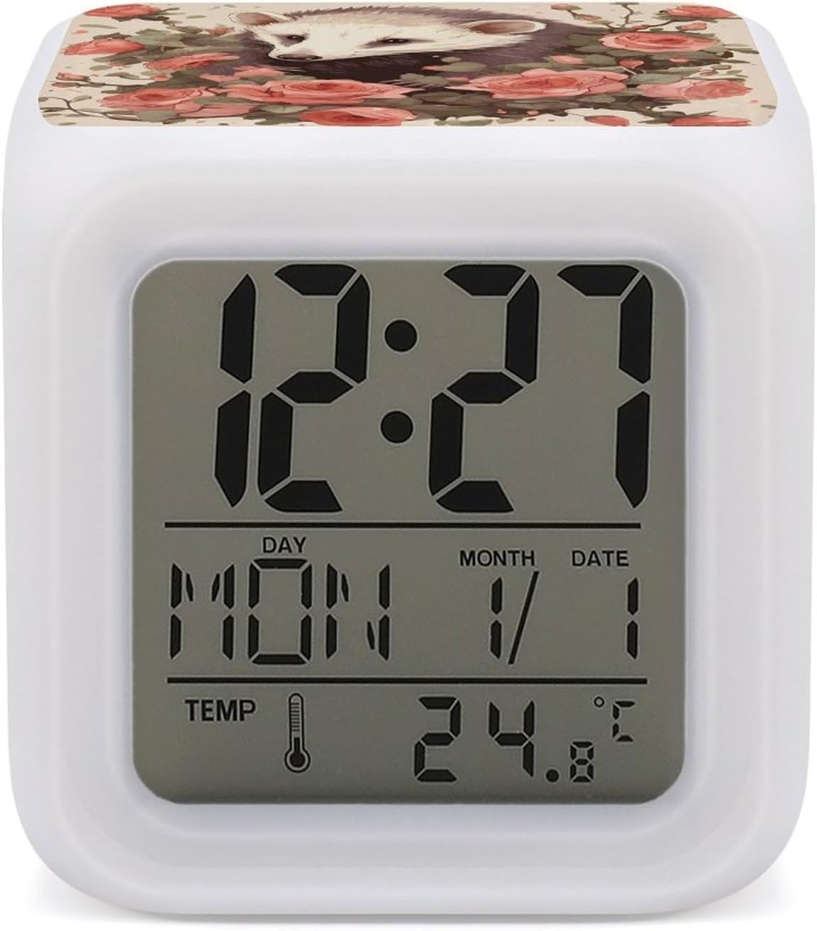 Night Light Alarm Clock, 7 Color Changing, Opossum and Roses