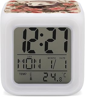 Reloj despertador, alarma digital LED de zarigüeya y rosas con luz nocturna de 7 colores, pantalla LED pequeña, reloj digital de temperatura y calendario de viaje, relojes electrónicos para