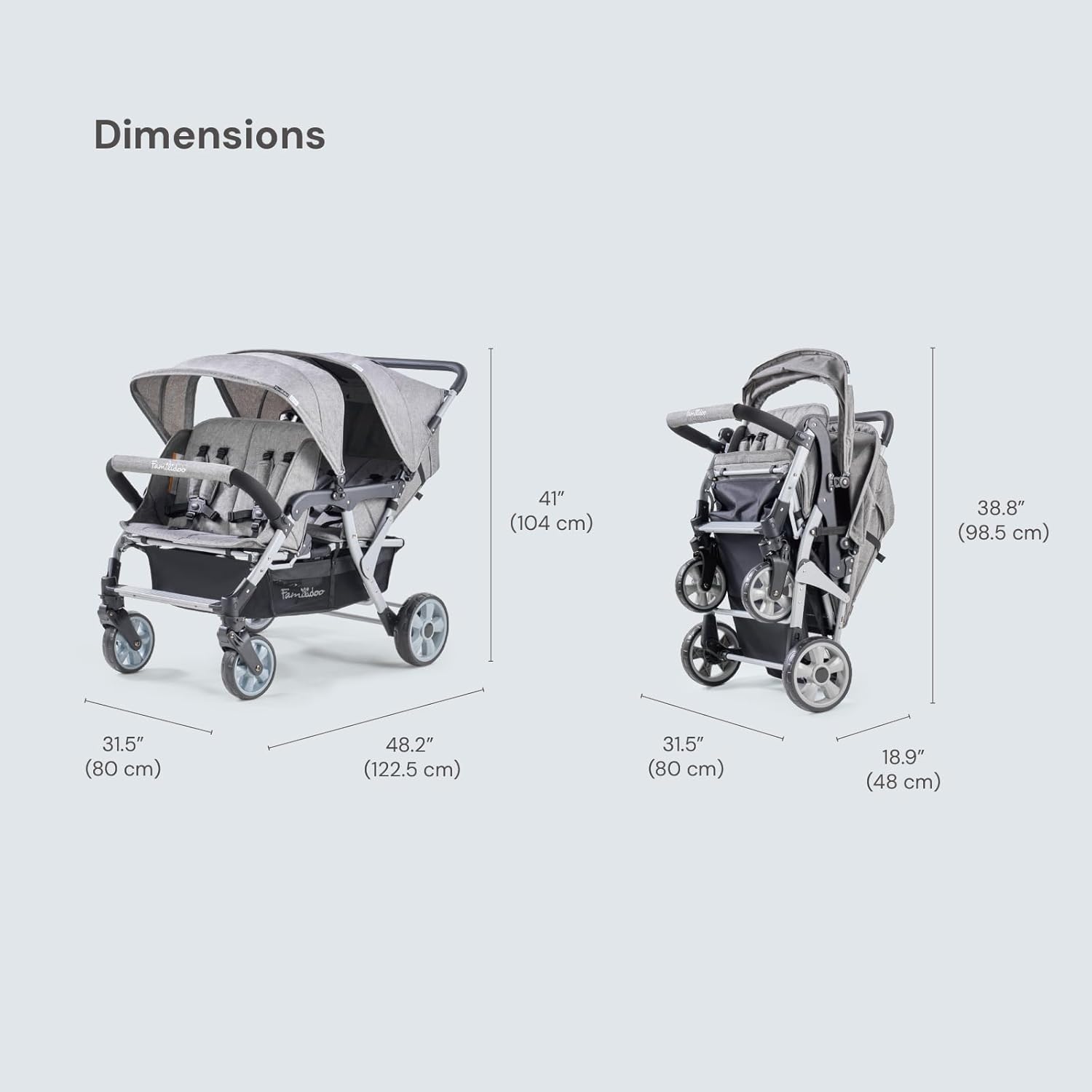 Familidoo H4E Quad Stroller Wagon for Kids, 4-Seater Daycare Baby Stroller with 5-Point Safety Harness, Lightweight & Foldable with All Reclining Seats, Double Canopy & Rain Cover (Gray)