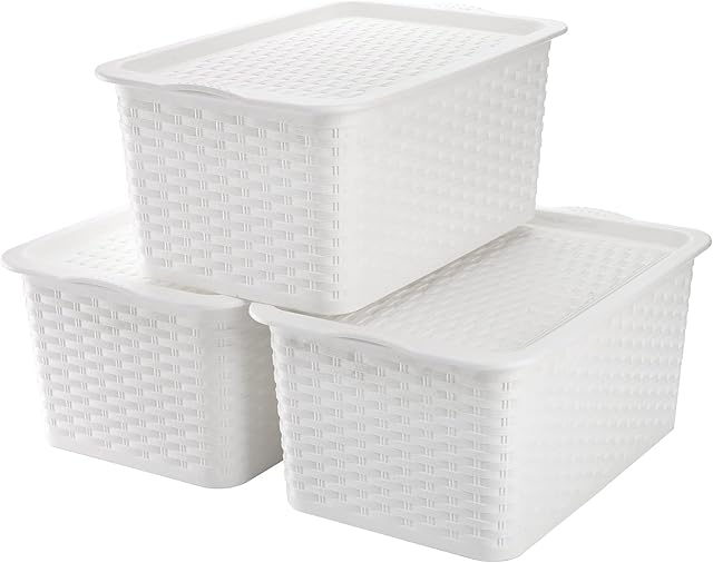 Dicunoy 3 Pack Lidded Storage Bins, Stackable White PlasticContainers, Small Storage Basket with Lid and Handle for Bathroom, Kitchen, RV, Toys, Pantry, Classrooms, 28cm x 18cm x 10cm