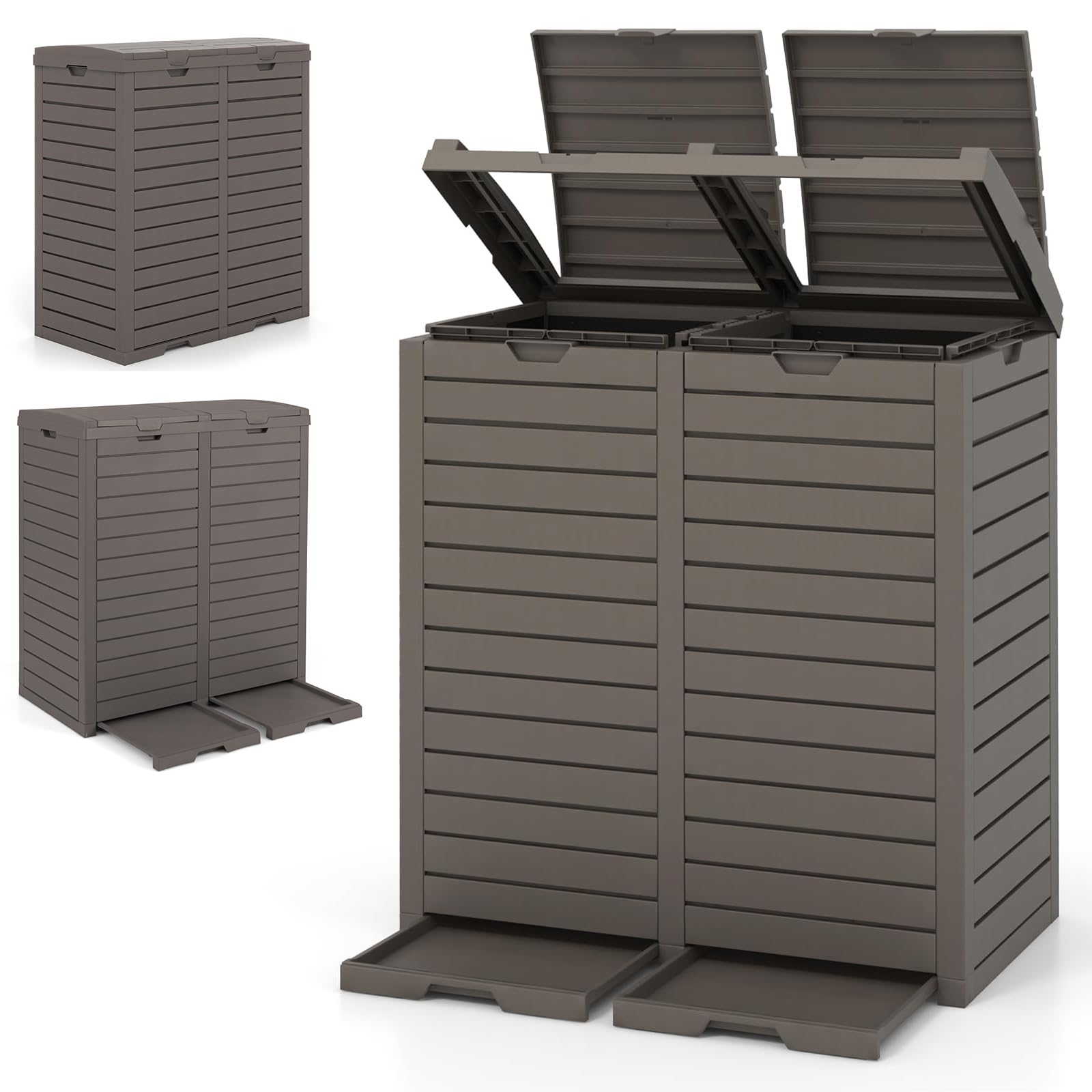 RELAX4LIFE Pattumiera Differenziata Esterno per Giardino a 1 o 2 Scomparti, con Vassoio per Liquidi, Coperchio e Maniglia,in Resina Resist. Intemperie(1, MARRONE, 235L)