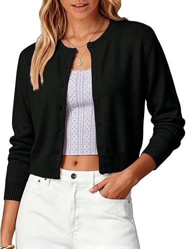 Shiketong Women's Cropped Cardigan Sweaters Button Down Knit Tops,Black