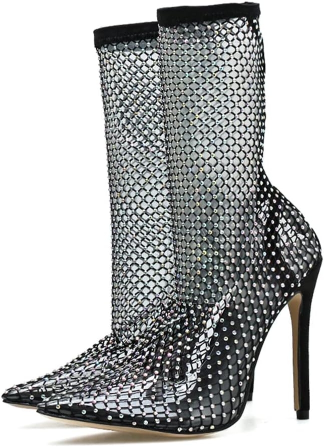 Stiletto Heel Diamante Fishnet Sock Boots SHEMEE Women's Mesh High
