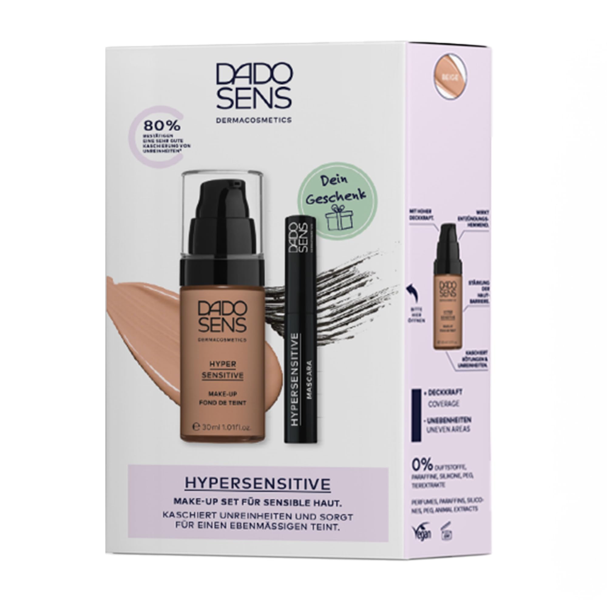 DADO SENS HYPERSENSITIVE MAKE-UP SET – Make-Up Beige (30 ml) & Mascara Black (10 ml) Für Sensible Haut, Hohe Deckkraft, Kaschiert Rötungen & Unreinheiten, Definierte Wimpern