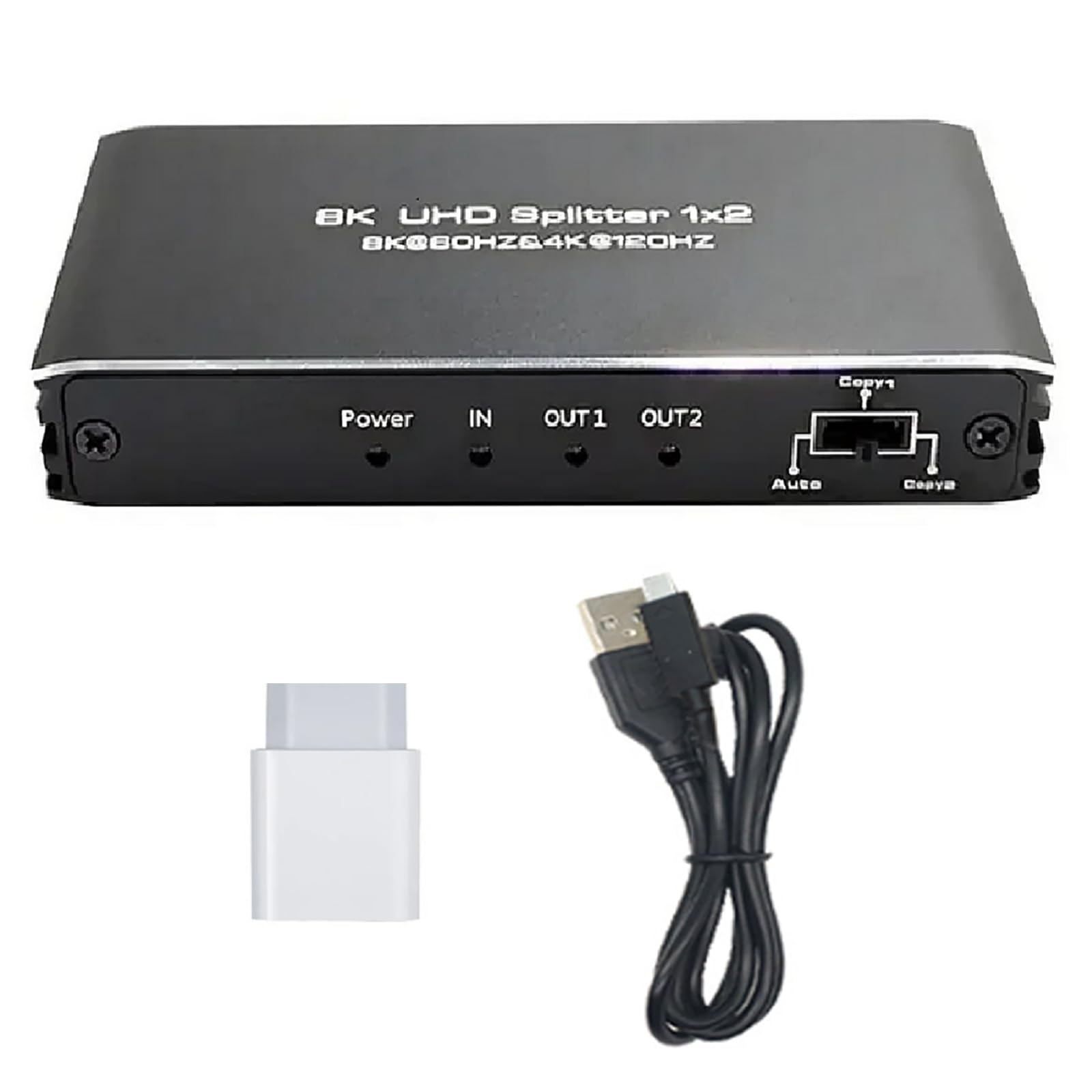 Divisor HDMI 8K 1 en 2 salidas con adaptador de corriente CC 5 V y cable compatible con conexión de la serie HDMI, adecuado para reproductores Blu-ray para PS4 Pro para PS3