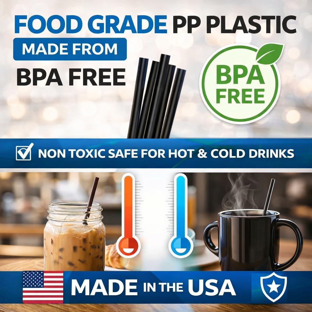 7.75" Black Plastic Straws (12,000 Count) | Disposable Straws for Restaurants, Cafés, Bars, and Catering | Unwrapped Straws for Convenience | Bulk Straws