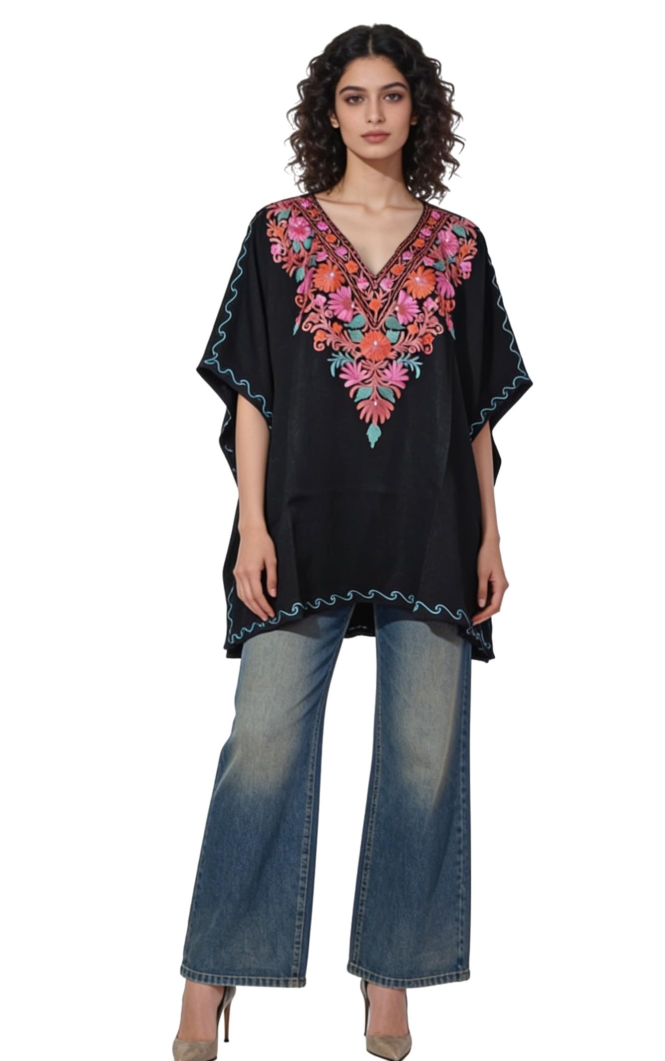 Women's Kashmiri Embroidered Short Hip Length Kaftan Tunic || Crash Cotton || V-Neck || Short Sleeve || Floral Design || Free Size (M to 2XL)-picture-56