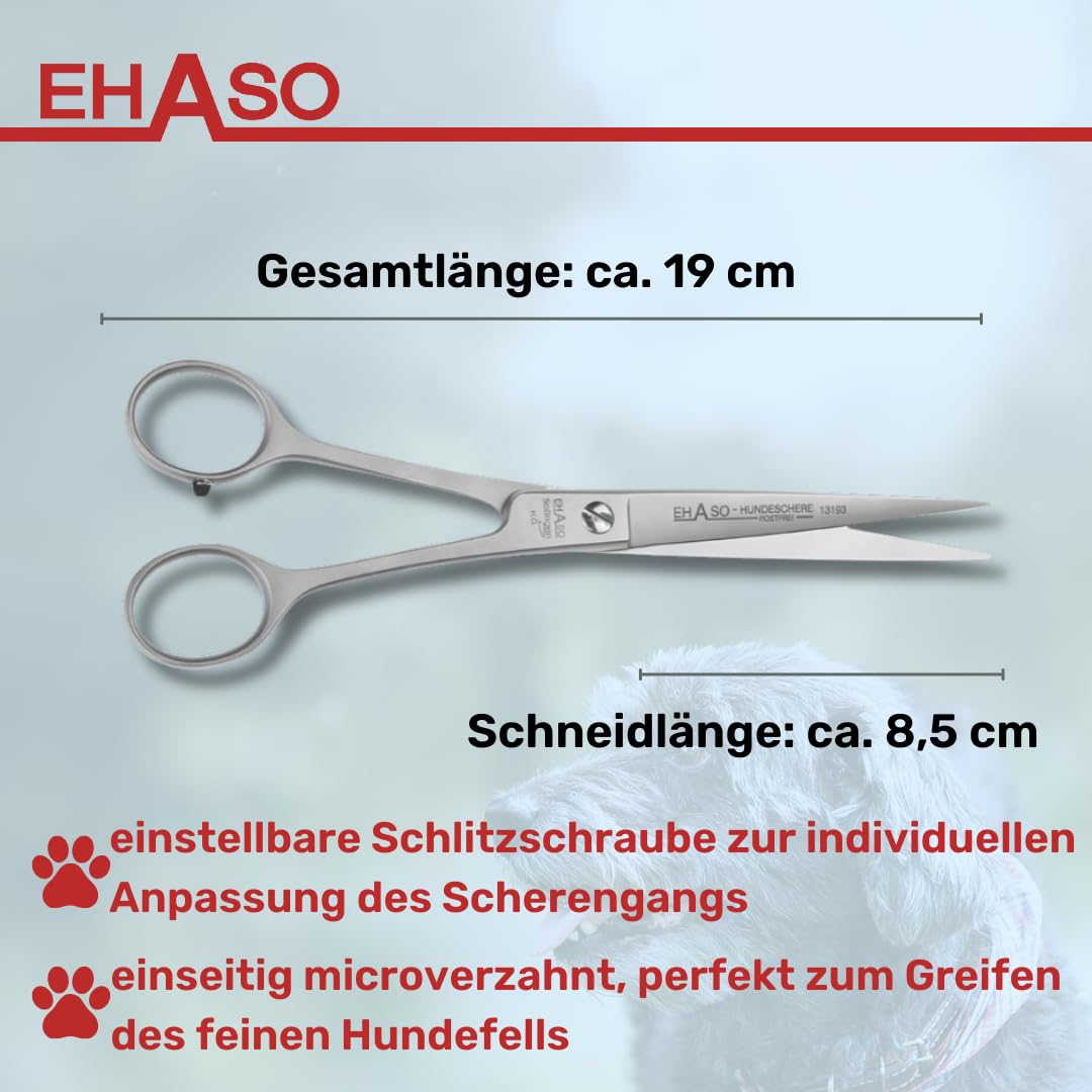 EHASO Hochwertige Gerade Hundeschere aus - Für langhaar & kurzhaar - 19 cm matt - Fellschere für Hunde & Katzen - Profischere für Jede Art von Fell direkt Solingen