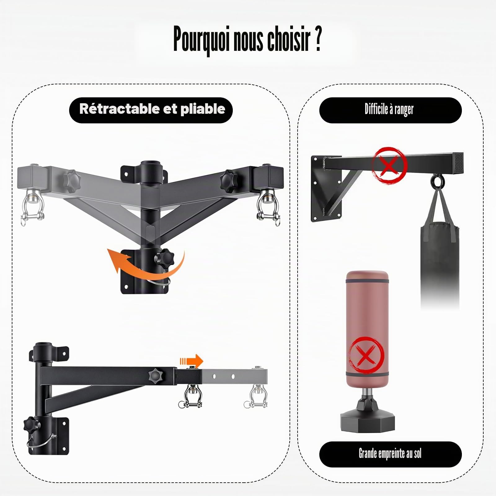 Support Sac de Frappe Adulte, Support Mural Sac de Boxe, Longueur Réglable (43-63cm), Rotation à 180° pour Pliable, Supporte 150kg Punching Ball, pour Salle de Sport à Domicile/Garage/Sous-sol