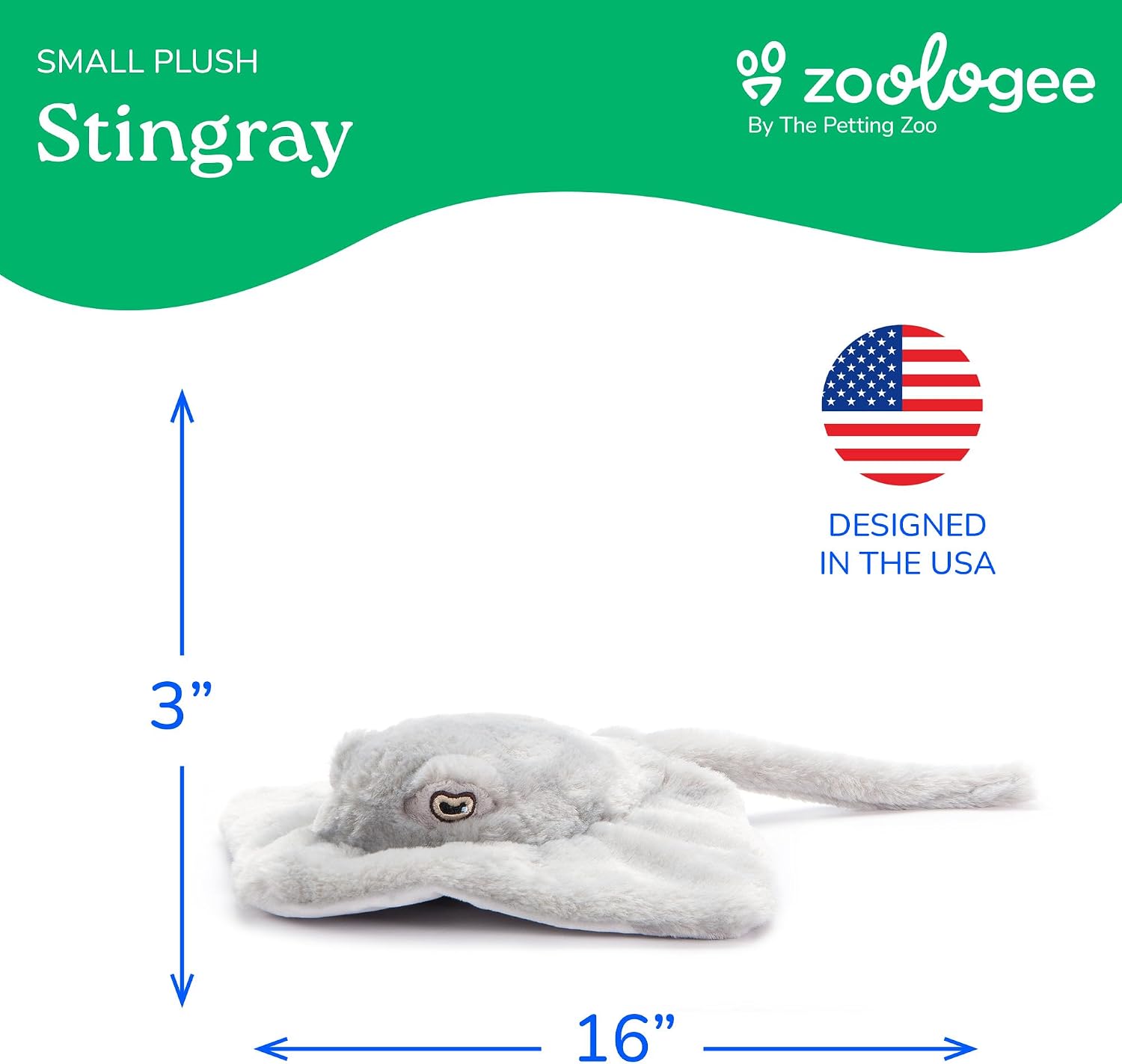 The Petting Zoo Stingray Stuffed Animal Plushie, Gifts for Kids, Earth Keeperz Sealife Animals, Zoologee Grey Stingray Plush Toy, 16 inches