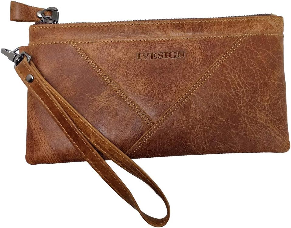 IVESIGN Women Genuine Leather Wristlet Zipper Clutch Wallet Ultra Slim RFID Blocking Credit Card Holder Hand Purse