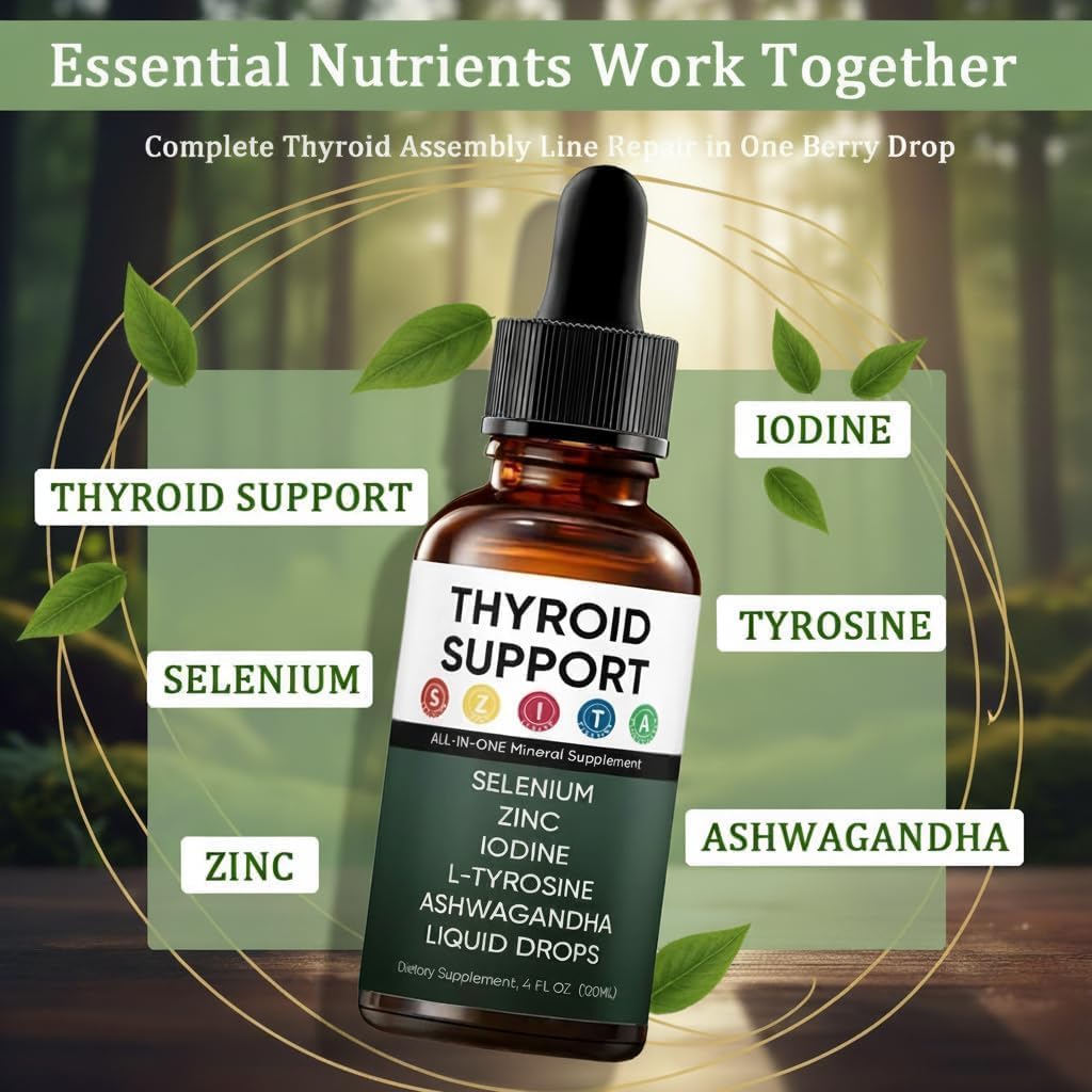 Kindled Thyroid Support Drops, Actora Thyroid Support Liquid Supplement with Selenium Zinc Iodine L-Tyrosine Ashwagandha - 4 fl. oz. (120mL) (1)