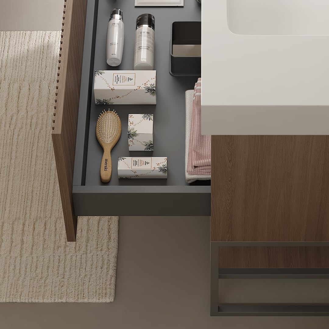 LKTART 30" Fluted Freestanding Bathroom Vanity with Sink, Modern Bathroom Storage Cabinet with Drawer and Open Shelf, White Rectangular Acrylic Integrated Basin, Light Brown Oak