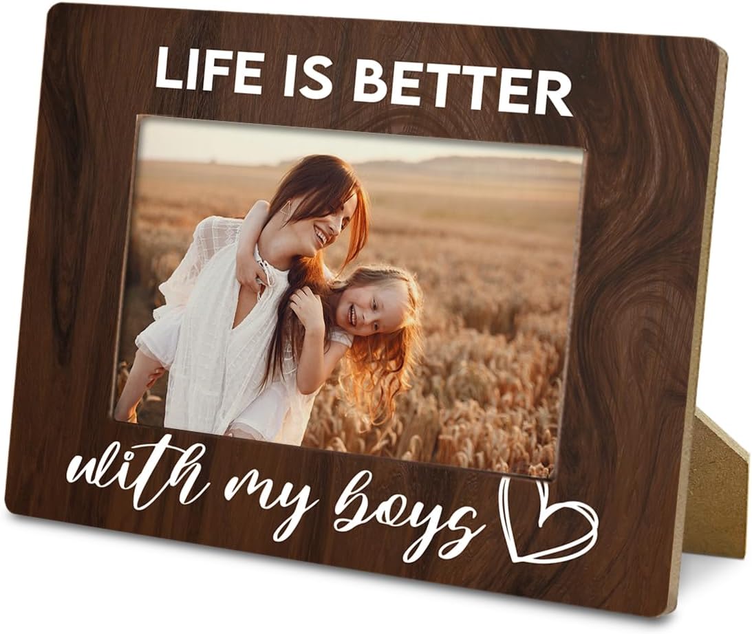 Mom Son 4x6 Picture Frame, Boy Mom Gifts, Funny & Birthday Gifts, Funny Mother Gift, Life is Better with My Boys Wooden Frame for Farmhouse Desk Decor-Rustic Nature Wood Texture