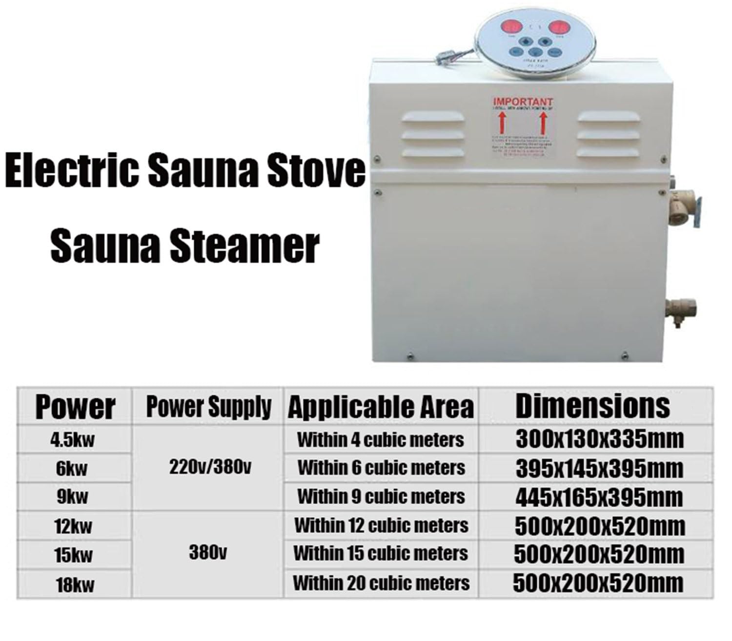 Calentador eléctrico para Sauna doméstica, Equipo de calefacción para Salas de Vapor, 4.5 kW, 6 kW, 9 kW, 12 kW, 15 kW, 18 kW, con generador de Vapor para baño Turco y Drenaje automático. 6KW