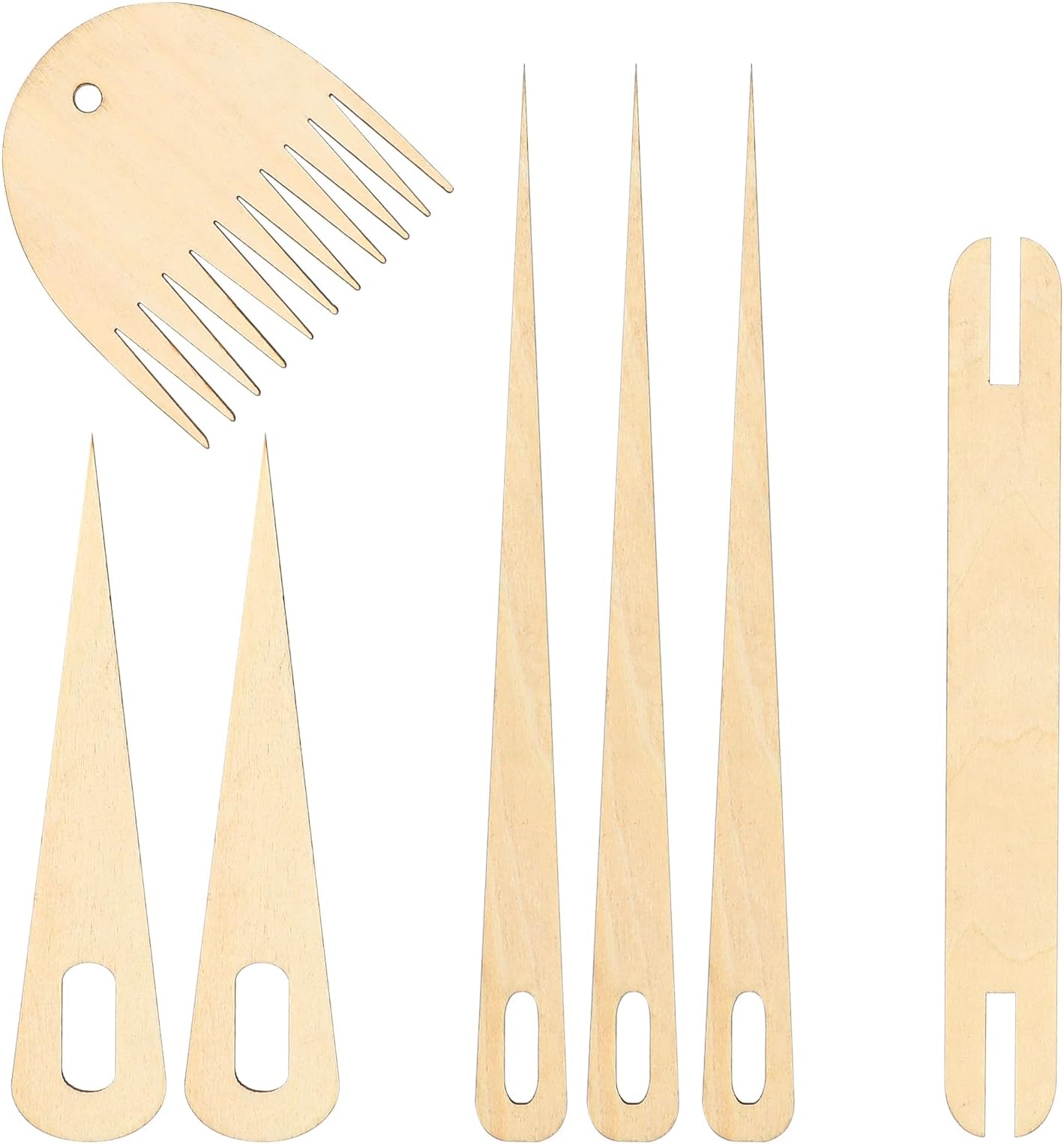 7Pack Wood Loom Stick Set: 5pcs Weaving Needles, 1pc Shuttle, 1pc Comb - Knitting Tools for Adults & Beginners