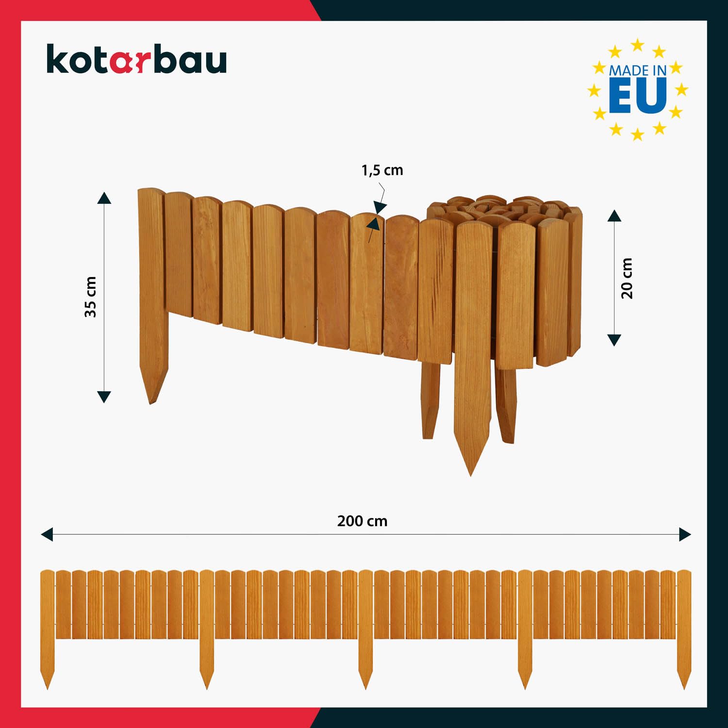 KOTARBAU® Bordure Jardin Exterieur Bois - 200 x 20 cm - Cloture Bois Jardin - Chêne - Palissade Flexible - Décoration