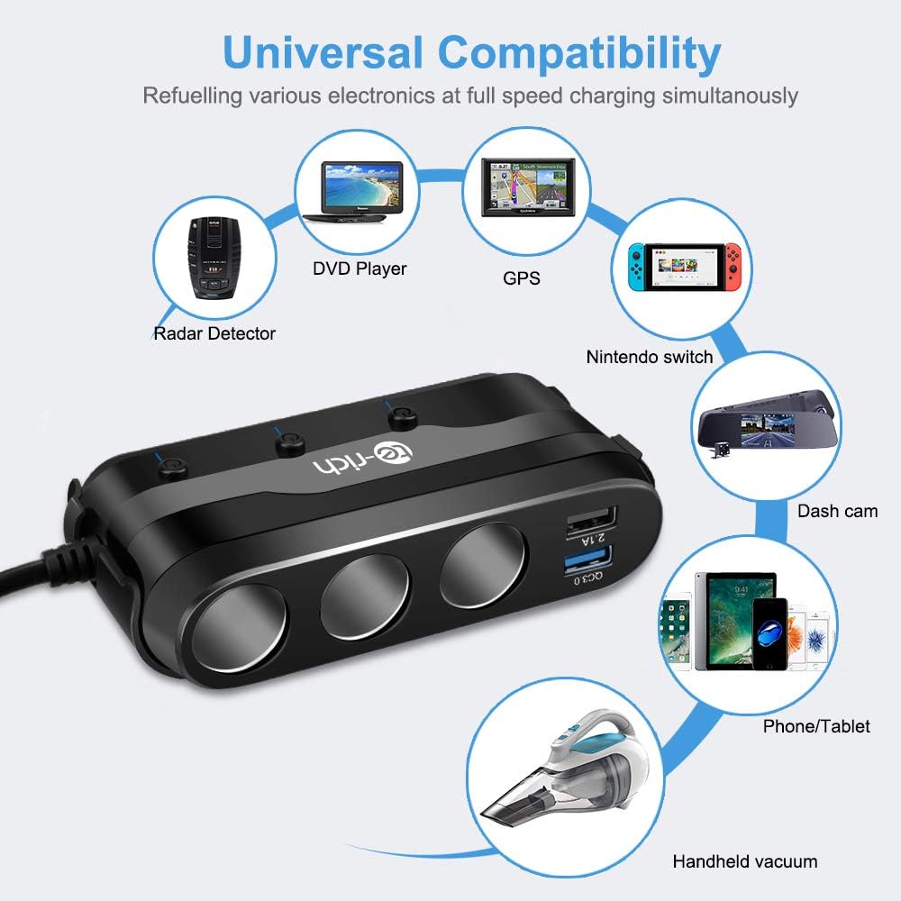 Te-Rich Quick Charge 3.0 & USB C 120W 3-Socket Cigarette Lighter Adapter, 12V/24V Car Power Outlet Splitter Multi Port USB Charger Compatible w/Nexus 6P, Pixel, Galaxy S9/S8/Note 8, iPhone X/8/8 Plus