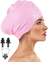 Vista 13 de Large Long Hair Swim Cap with Extra Room for Women Men, Silicone Swimming Cap for Long Thick Hair with Ear Plugs Nose Clip Set, Adult Waterproof