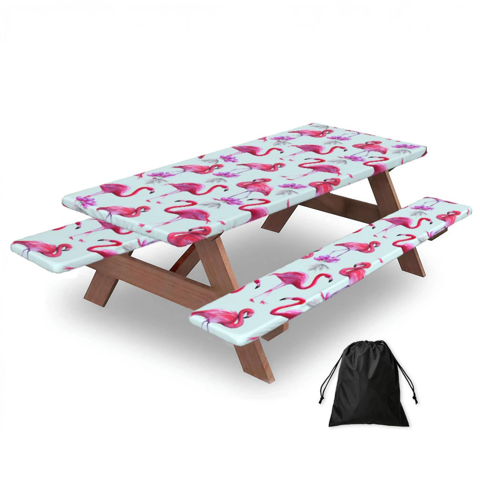 Yqxwjl Black Pink Flamingos Print Camping Essentials Waterproof Camping Table And Bench Cover With Drawstring Bag 183 Cm