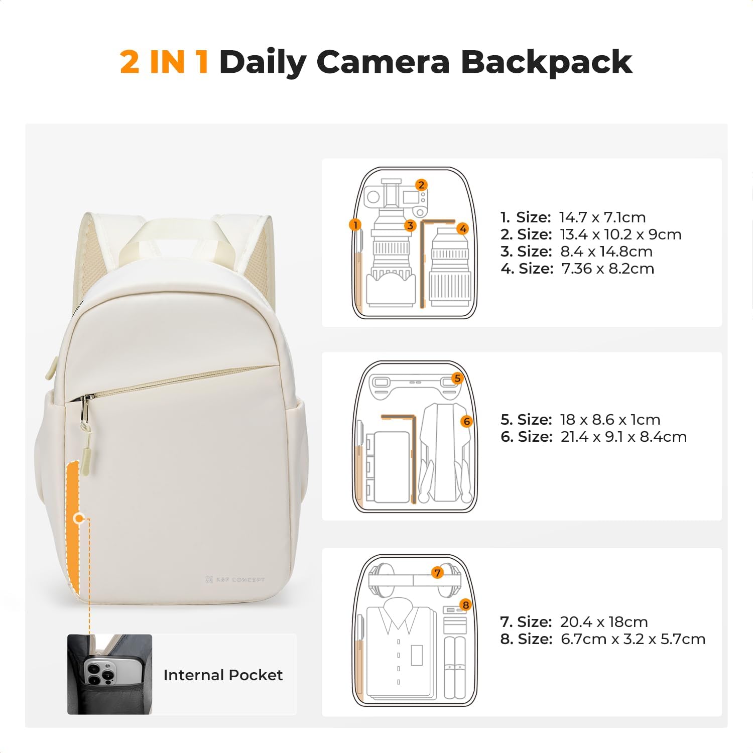 K&F CONCEPT Camera Backpack, Lightweight Camera Bag for Photographers, Portable Photography Bag Compatible with Canon/Nikon/Sony - Beige - Image 4