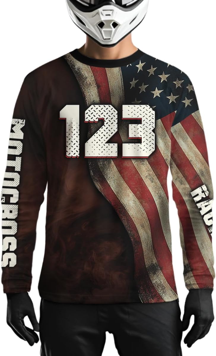 Personalized US Flag Dirt Bike Jersey Off-Road Shirt Motocross Racing Jersey UPF30+ Kid Men Women Youth Motorcycle Shirt MX