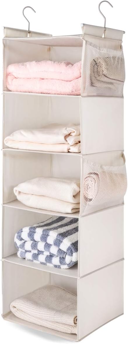 MAX Houser 5-Shelf Hanging Closet Organizer,Space Saver, Cloth Hanging Shelves with 4 Side Pockets,Foldable, Beige