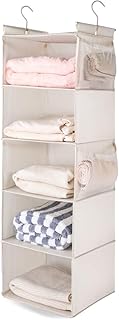 MAX Houser 5 Shelf Hanging Closet Organizer, Space Saver, Cloth Hanging Shelves with 4 Side Pockets, Foldable, Beige