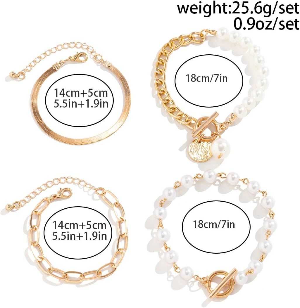 PLOUTOS Layered Gold And Pearl Bracelet Set For Women, Toggle Clasp Chain, Beaded Strands, Coin Charm, Adjustable Cuff Bangle - Image 3