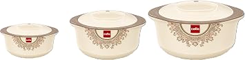 CELLO Hot Serve Insulated Steel Casserole Set, 3 Pieces, Hot Pot with Lid, Double Wall Stainless Steel Inside, Hot & Cool Food Serving Dish 500ml, 850ml, 1500ml Cream