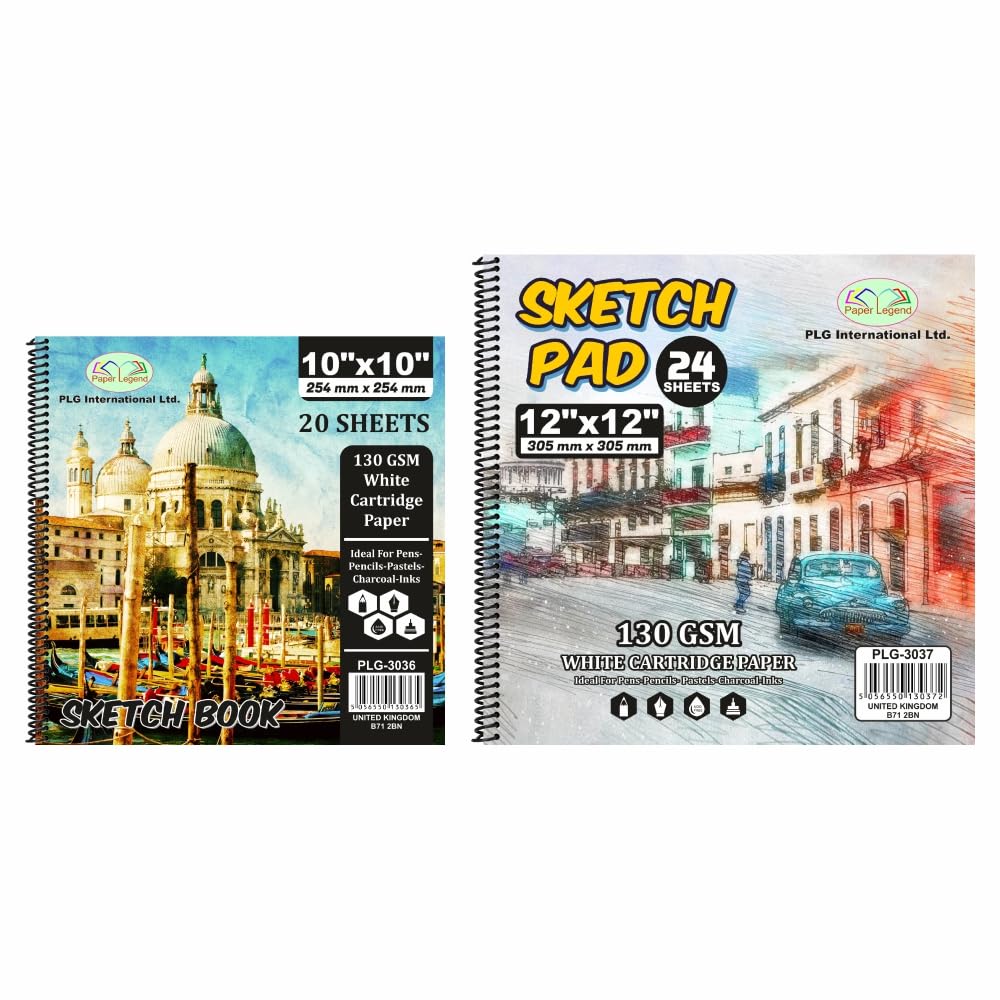 Amazing Pack of Artist’s Sketch Pad Spiral Bound, Hardback Drawing Pads White Drawing Artist 130GSM Paper Sketch Book for Toddlers, Professionals, Drawing and Sketching (10" x 10" + 12" x 12")
