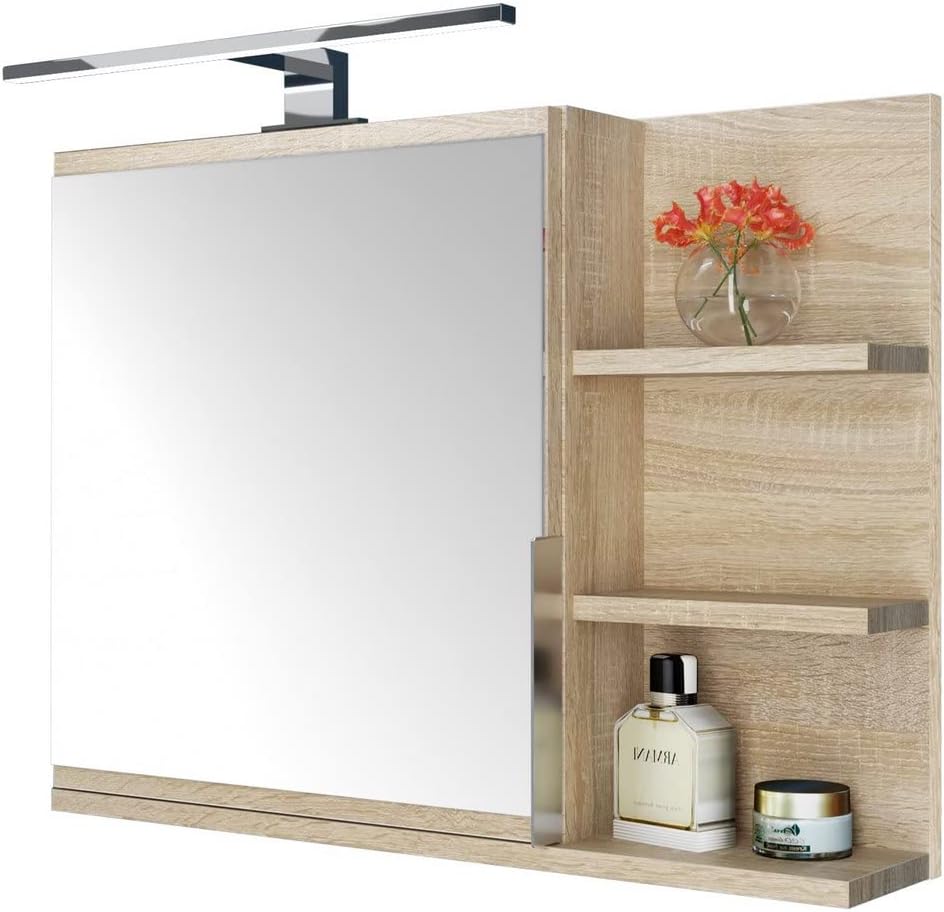 DOMTECH Bathroom Mirror with Shelves and LED Lighting, Sonoma