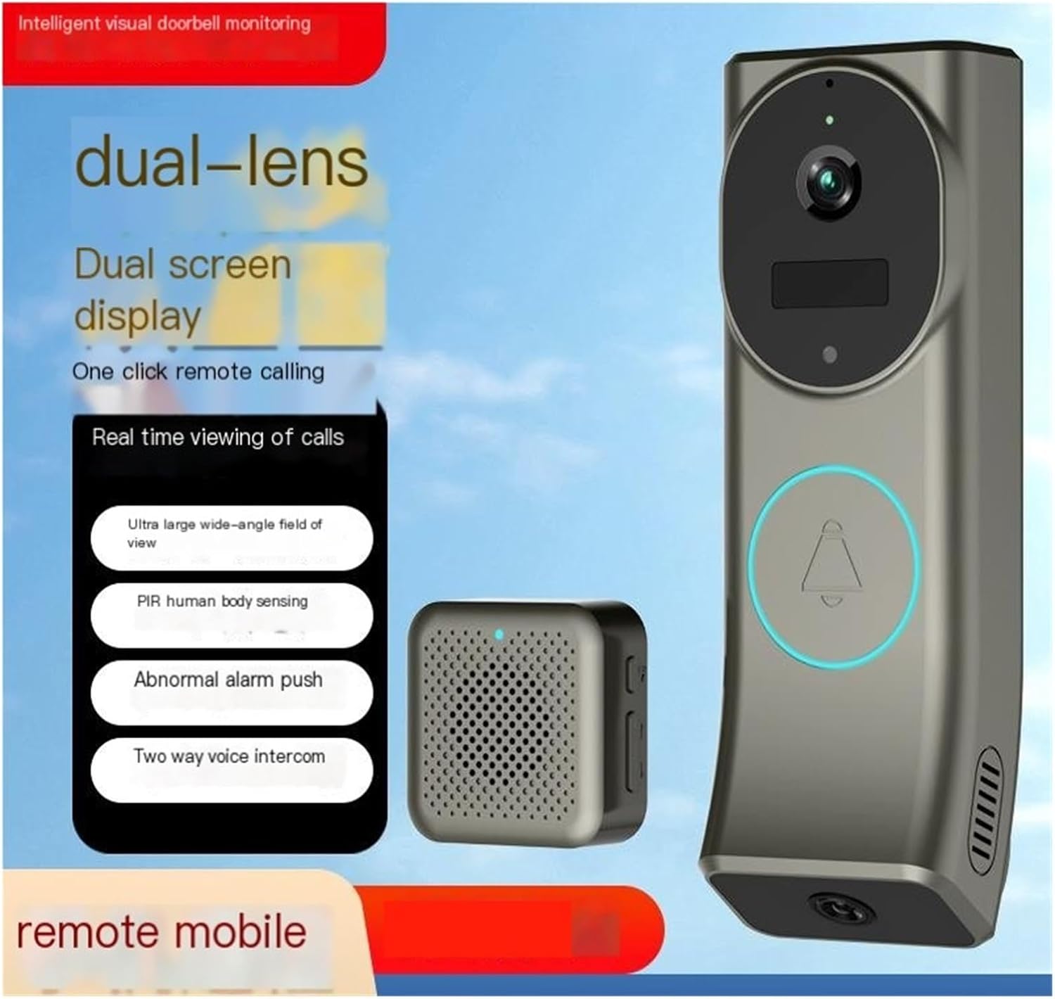 Dual Lens Video doorbell Camera Voice intercom Monitoring WiFi high Definition Night Vision smart(Binocularvideodoorbell)