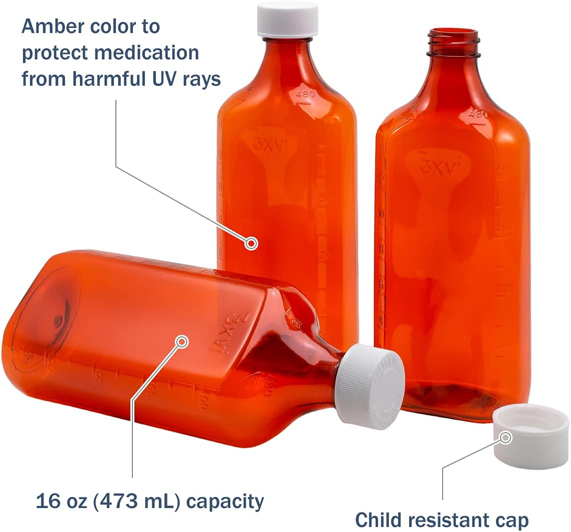 Ezy Dose Liquid Medicine Bottles, 16 Oz Storage, Child-Resistant Cap, Case of 45