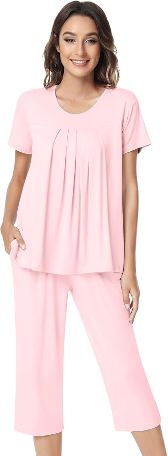 NACHILA Pajamas for Women-Viscose Made from Bamboo,Short Sleeve Sleepwear Cooling Pjs Top Ladies Soft Capri Pants Pajama Sets