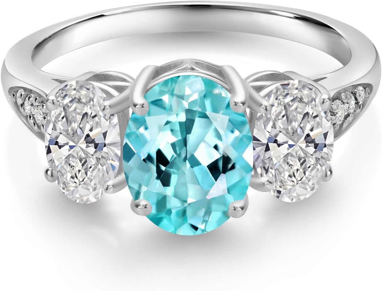 Gem Stone King 10K White Gold Blue Apatite, White Lab Grown Diamond Engagement Ring For Women | 2.04 Cttw | Oval 8X6MM | Gemstone Birthstone | Available in Size 5,6,7,8,9
