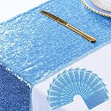 Picture of ShinyBeauty Table Runners Baby Blue 12"x108" 15 Pack Sequin Table Runner Glitter Sequence Fabric Cloth Runners Birthday Event Supplies Light Blue Runners for Table Tea Party Wedding Decor