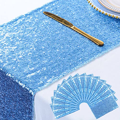 ShinyBeauty Table Runners Baby Blue 12"x108" 15 Pack Sequin Table