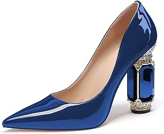 Women Chunky Heels Pumps Crystal Block Heels with Rhinestones Pointed Toe Sexy Gradient Patent Leather Slip on Bridal Party Wedding Dress Shoes 5-13 M US - Buy now