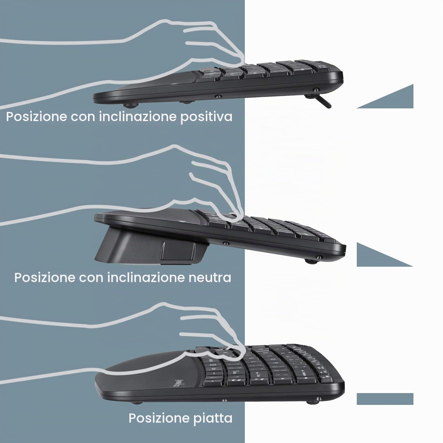 Perixx Periduo-606 - Set tastiera ergonomica compatta e mouse verticale wireless, poggiapolsi regolabile e tasti Low Profile, dpi regolabile, QWERTY spagnolo