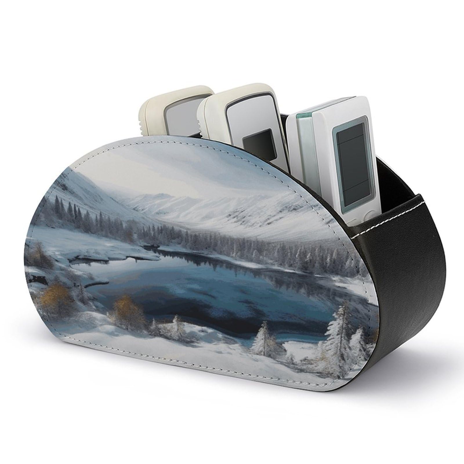 FekiLoot Winter Mountains Snow Scene Remote Control Holder, PU Leather Remote Control Organizer Box Stationery Remote Control Box Desk Storage Organizer for DVDs,Glasses,Pens,Media Players